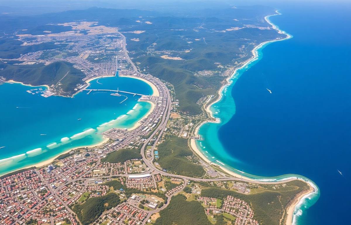 Aerial view of the coastline and hinterland between Brisbane, the Gold Coast and Tweed Heads