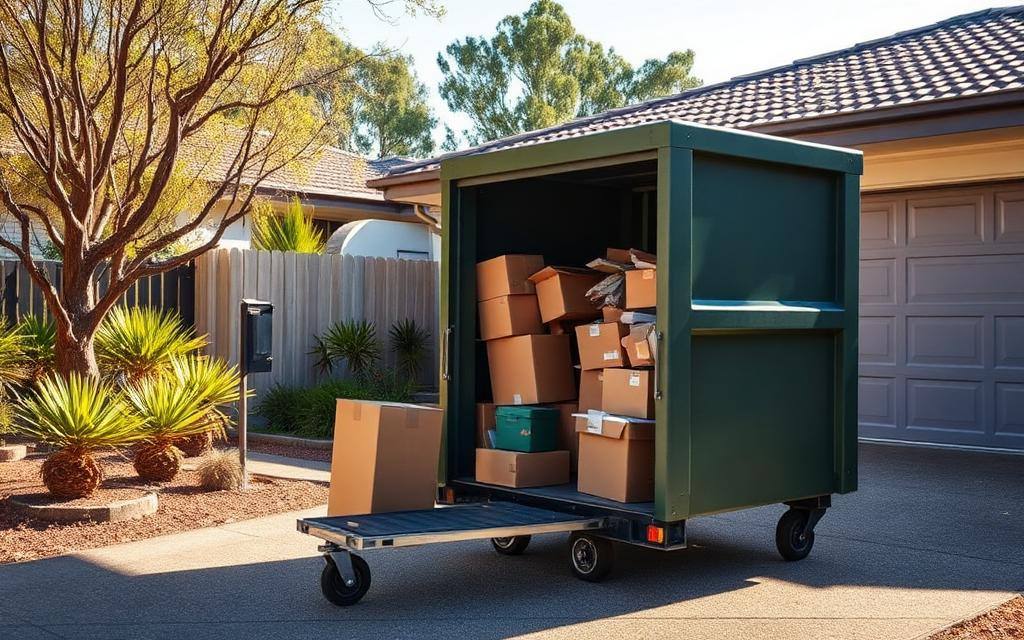 Walk-in door bin on a driveway with the rear door open and moving boxes being wheeled inside